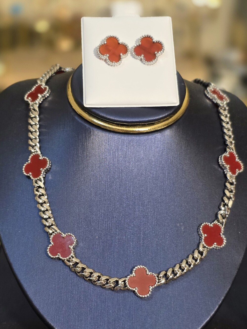 Sterling Silver Red Clover Motif Necklace and Stud Earrings Set - Silver Tone